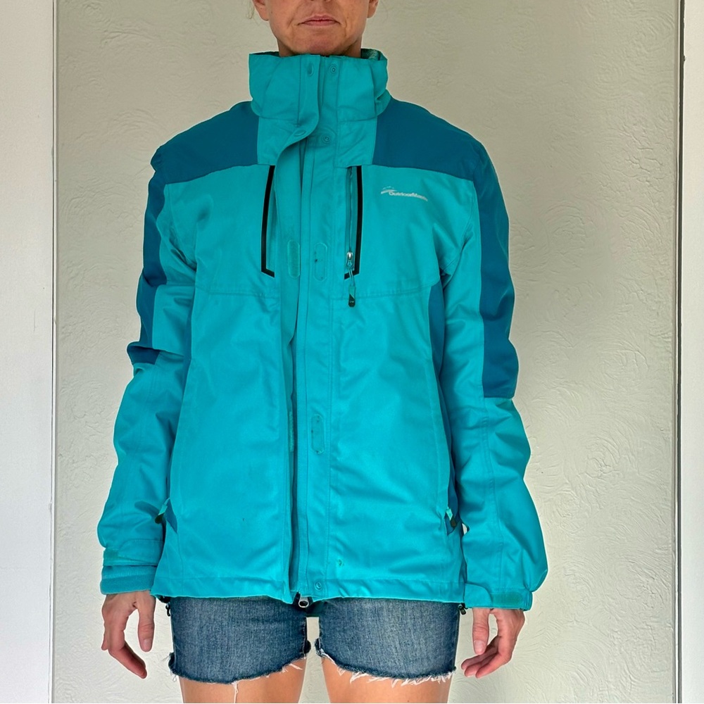 Blue ski jacket with removable, waterproof shell and fleece liner